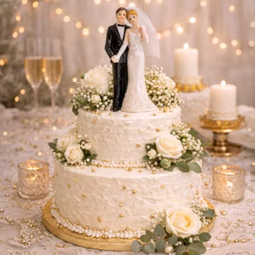 Figur Hochzeitspaar 11 cm Tortenaufsatz Tisch-Deko Party-Zubehör Party-Deko Dekoration Brautpaar Hochzeits-Deko Geschenkidee Hochzeitstorte Tortenaufsatz Hochzeitspaar auf dreistöckiger Hochzeitstorte mit Blumen, Perlen und goldenen Details in elegantem Ambiente.