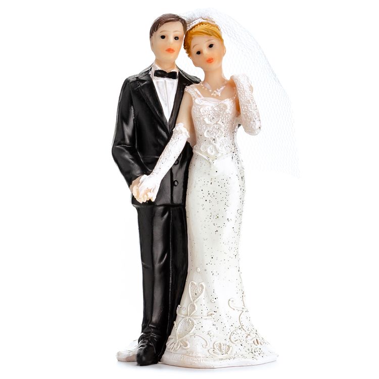 Figur Hochzeitspaar 11 cm Tortenaufsatz Tisch-Deko Party-Zubehör Tortenaufsatz Hochzeitspaar 11 cm, Braut in weißem Kleid mit Schleier und Bräutigam im schwarzen Anzug, detailreiche Hochzeitsfigur.