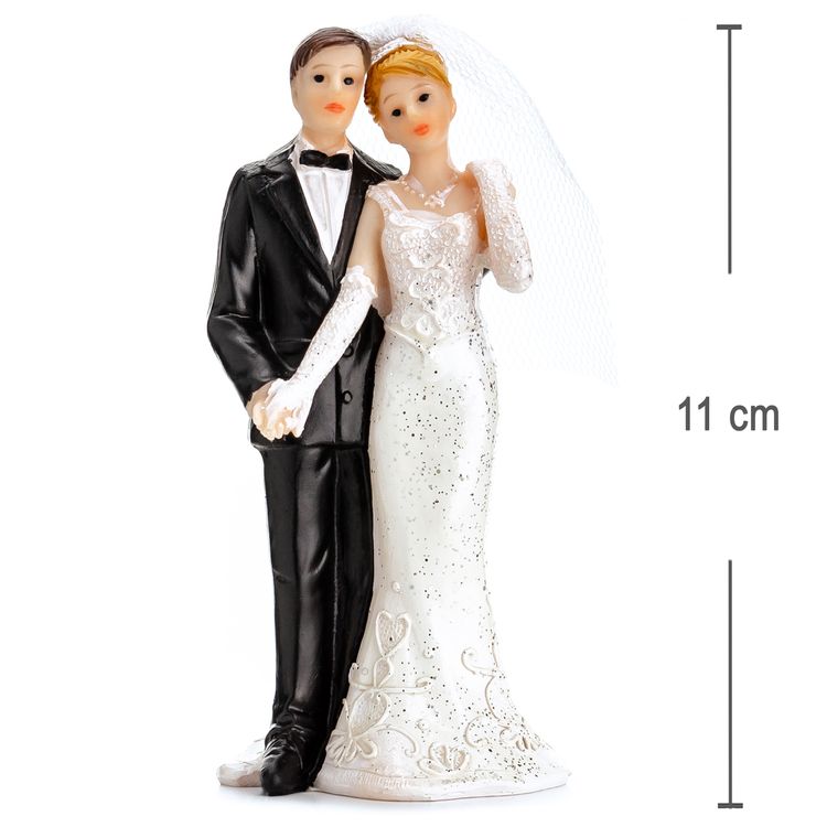 Figur Hochzeitspaar 11 cm Tortenaufsatz Tisch-Deko Party-Zubehör Tortenaufsatz Hochzeitspaar 11 cm, Braut in weißem Kleid mit Schleier und Bräutigam im schwarzen Anzug, detailreiche Hochzeitsfigur.