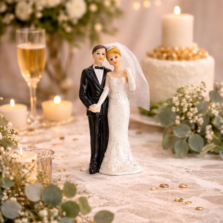 Figur Hochzeitspaar 11 cm Tortenaufsatz Tisch-Deko Party-Zubehör Tortenaufsatz Hochzeitspaar 11 cm, Braut in weißem Kleid mit Schleier und Bräutigam im schwarzen Anzug, detailreiche Hochzeitsfigur.
