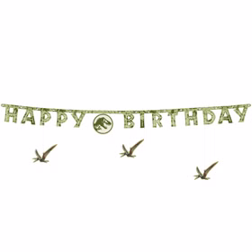 Grüner Happy Birthday Banner mit ausgestanzten Buchstaben und Dino-Elementen.