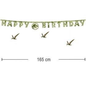 Komplettübersicht des 34-teiligen Jurassic World Party-Sets mit Tellern, Bechern, Servietten, Banner und Tischdecke im Dinosaurier-Design.