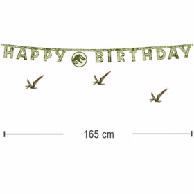 Maßangaben des Happy Birthday Banners mit hängenden Dino-Elementen und einer Länge von 165 Zentimeter.