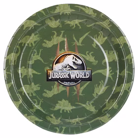 Grüner Teller mit Dino-Silhouetten und zentralem Jurassic World Emblem.