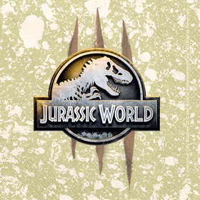 Serviette mit Großaufnahme des Jurassic World Logos mit T-Rex auf strukturiertem Servietten-Hintergrund.