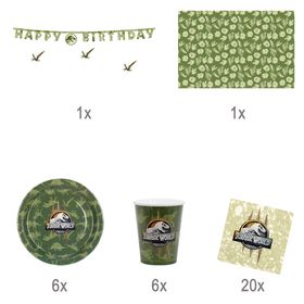 Komplettübersicht des 34-teiligen Jurassic World Party-Sets mit Tellern, Bechern, Servietten, Banner und Tischdecke im Dinosaurier-Design.