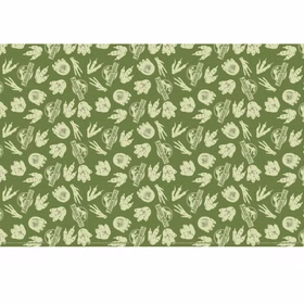 Grüne Jurassic World Tischdecke aus Papier mit Dinosaurier-Fußspuren, Fossilienmotiven und T-Rex-Logo im Allover-Design.