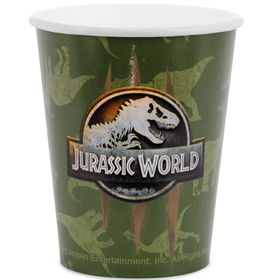 Komplettübersicht des 34-teiligen Jurassic World Party-Sets mit Tellern, Bechern, Servietten, Banner und Tischdecke im Dinosaurier-Design.