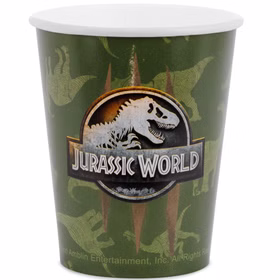 Grüner Jurassic World Einwegbecher mit detailliertem Dino-Print.