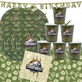 Komplettübersicht des Jurassic World Party-Sets mit Tellern, Bechern, Servietten, Banner und Tischdecke im Dinosaurier-Design.
