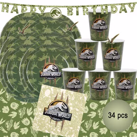Komplettübersicht des 34-teiligen Jurassic World Party-Sets mit Tellern, Bechern, Servietten, Banner und Tischdecke im Dinosaurier-Design.