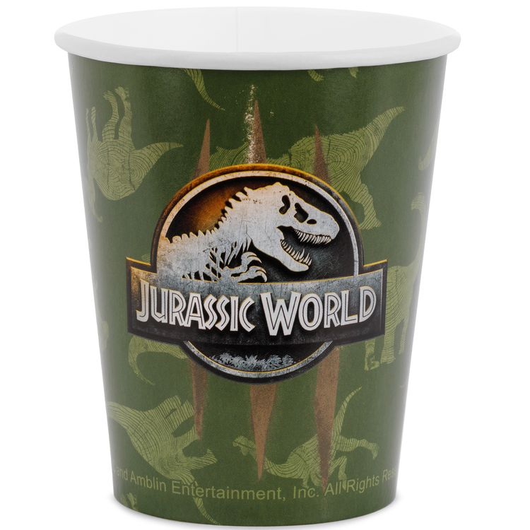 Jurassic World Party-Set Dinosaurier Party-Deko 34-Teile T-Rex Geburtstag Komplettübersicht des 34-teiligen Jurassic World Party-Sets mit Tellern, Bechern, Servietten, Banner und Tischdecke im Dinosaurier-Design.
