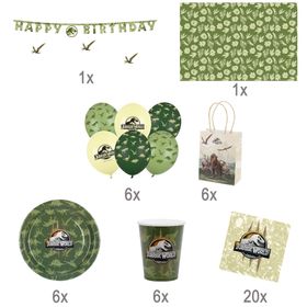 Jurassic World XXL Party-Set mit Banner, Tischdecke, Tellern, Bechern, Ballons, Servietten und Geschenktüten als Gesamtübersicht.