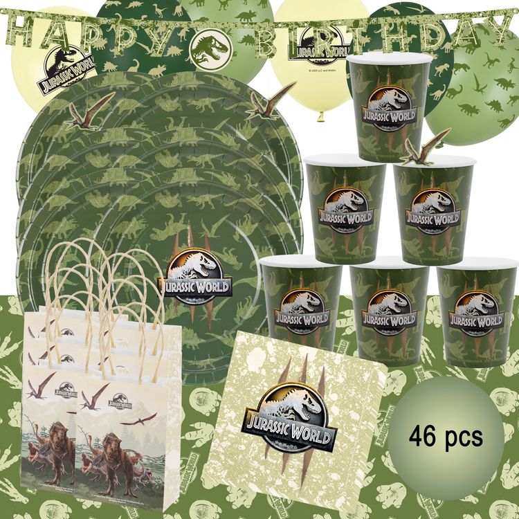 Jurassic World XXL Party-Set mit Banner, Tischdecke, Tellern, Bechern, Ballons, Servietten und Geschenktüten als Gesamtübersicht.
