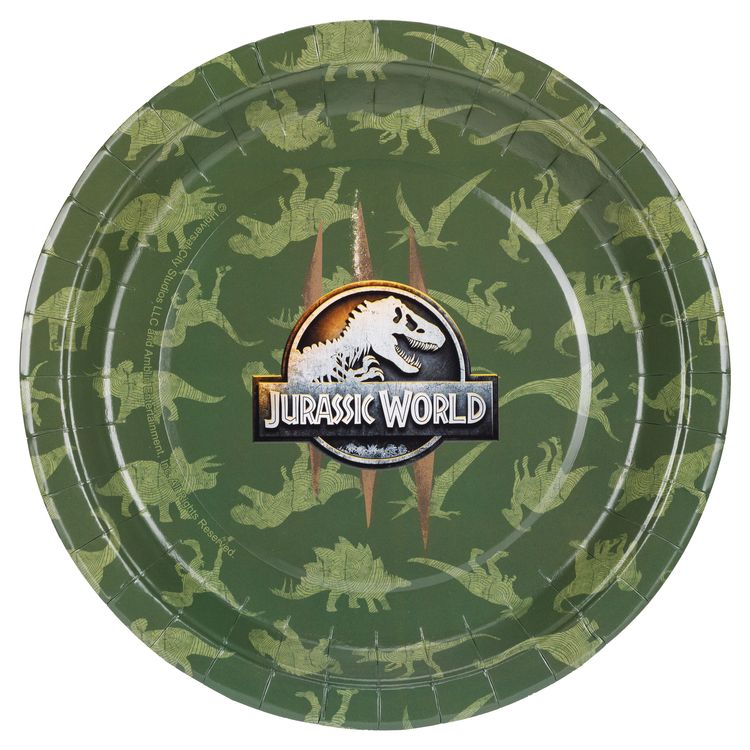 Jurassic World XXL Party-Set mit Banner, Tischdecke, Tellern, Bechern, Ballons, Servietten und Geschenktüten als Gesamtübersicht.