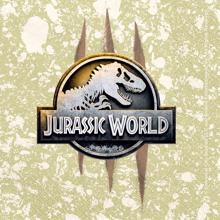 Jurassic World XXL Party-Set Dinosaurier Party-Deko 46-Teile T-Rex Geburtstag Saurier Lizenz-Party-Zubehör gedeckter Tisch Tisch-Deko Mottoparty Kindergeburtstag Geburtstag Jurassic World Serviette in Hellgrün mit großem Logo und Dino-Krallenmotiv im Hintergrund.