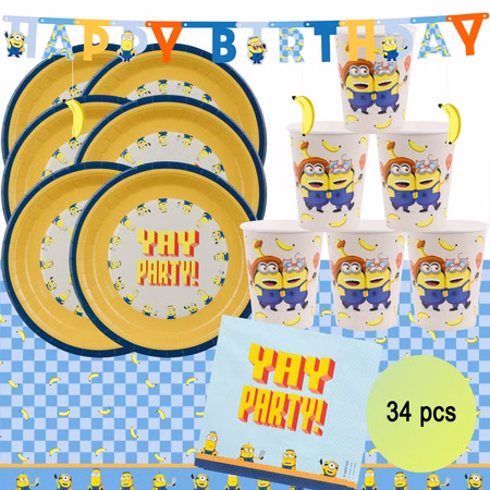 Minions Party Set 34 Teile Übersicht Minions Party-Set für sechs Personen mit 34 Teilen, gelben Tellern, Motivbechern, Servietten, Tischdecke und Geburtstagsbanner.
