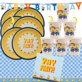 34-teiliges Minions Party-Set mit Tellern, Bechern, Servietten, Tischdecke und Happy-Birthday-Banner im bunten Yay-Party-Design.
