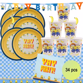 Minions Party-Set für sechs Personen mit 34 Teilen, gelben Tellern, Motivbechern, Servietten, Tischdecke und Geburtstagsbanner.