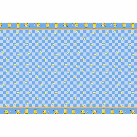Blaue Minions Papiertischdecke mit Karomuster, verstreuten Bananen und dekorativen Minions Bordüren am oberen und unteren Rand.