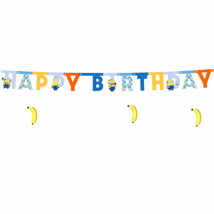 Minions Happy Birthday Banner Buntes Minions Happy-Birthday-Banner mit einzelnen Buchstaben, kleinen Minions Figuren und drei hängenden Bananenmotiven.