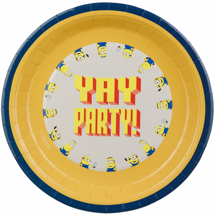 Minions Partyteller Yay Party Gelber Minions Partyteller aus Pappe mit dunkelblauem Rand, verschiedenen Minions und großem Yay-Party-Schriftzug in der Mitte.