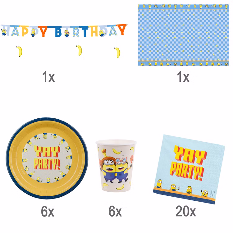 Minions Party Set Lieferumfang Übersicht des 34-teiligen Minions Party-Sets mit Banner, Tischdecke, sechs Tellern, sechs Bechern und 20 Motivservietten.