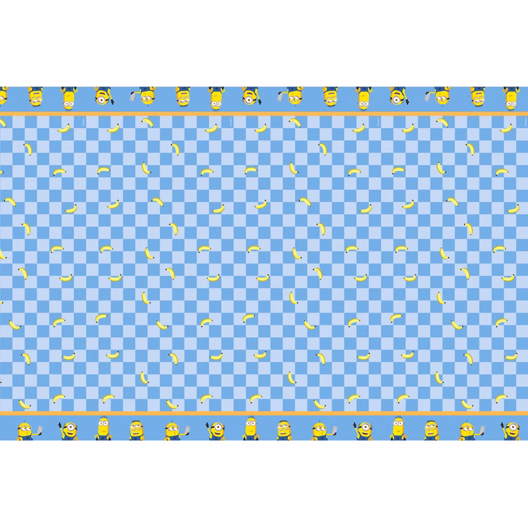Minions Tischdecke Blau Gelb Blaue Minions Papiertischdecke mit Karomuster, verstreuten Bananen und dekorativen Minions Bordüren am oberen und unteren Rand.