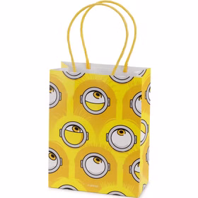 Gelbe Minions Mitgebseltüte aus Papier mit Augen-Motiv und gelben Tragekordeln für kleine Geschenke beim Kindergeburtstag.