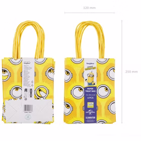 Verpackungsansicht der sechs Minions Mitgebseltüten aus Papier mit gelben Tragegriffen sowie Angaben zu Breite und Gesamthöhe.