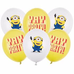 Sechs gelbe und weiße Minions Luftballons mit Figurenmotiven und farbigem Yay-Party-Schriftzug für den Kindergeburtstag.