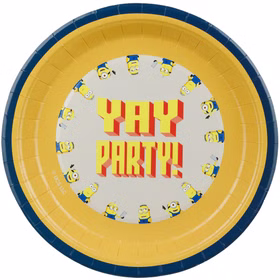 Gelber Minions Pappteller mit dunkelblauem Rand, Yay-Party-Schriftzug und kleinen Figuren rund um die Tellermitte.