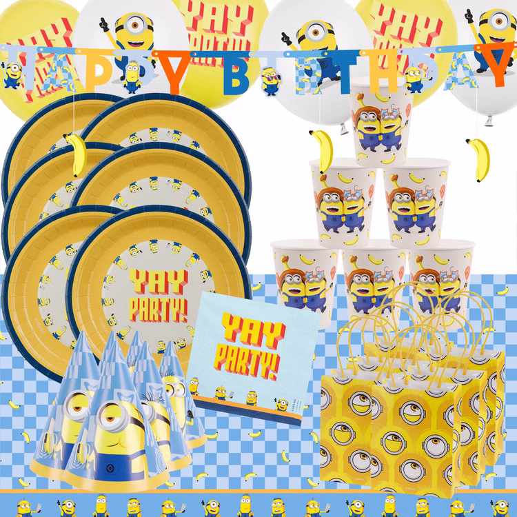 Minions XXL Party Set 52 Teile Gesamtansicht Minions XXL Party-Set mit Ballons, Banner, Tischdecke, Tellern, Bechern, Servietten, Partyhüten und Mitgebseltüten.
