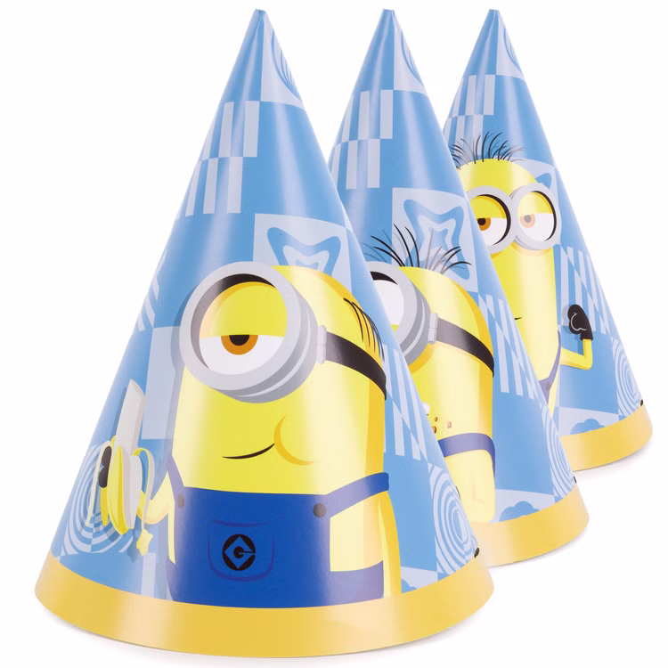 Minions Partyhütchen 6 Stück Sechs blaue Minions Partyhütchen aus Pappe mit unterschiedlichen Figurenmotiven und gelber Abschlusskante.