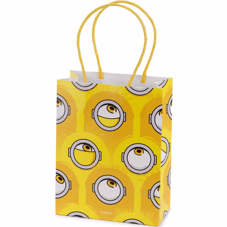 Minions XXL Party Set Mitgebseltüte Gelbe Minions Mitgebseltüte aus Papier mit Augen-Motiv und gelben Tragekordeln für kleine Geschenke beim Kindergeburtstag.