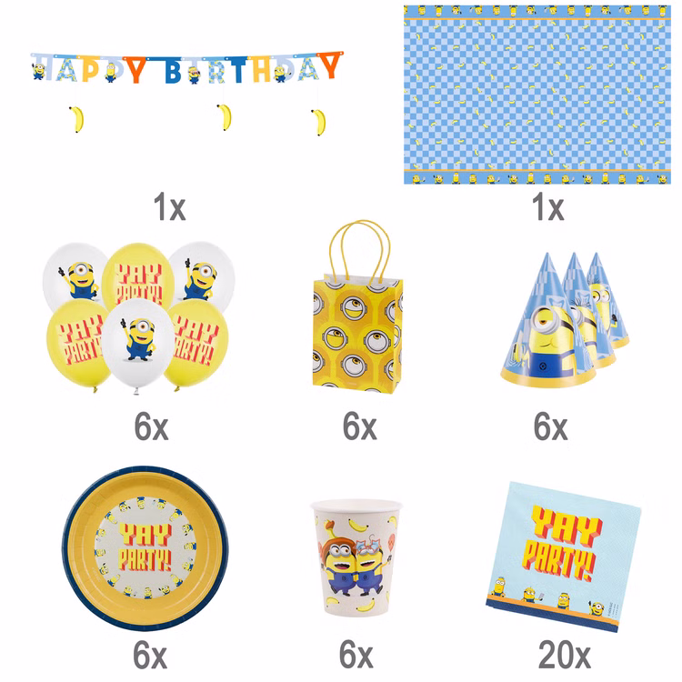 Minions Party Set Lieferumfang 52 Teile Übersicht des 52-teiligen Minions Party-Sets mit Mengenangaben zu Banner, Tischdecke, Ballons, Hüten, Tüten und Geschirr.