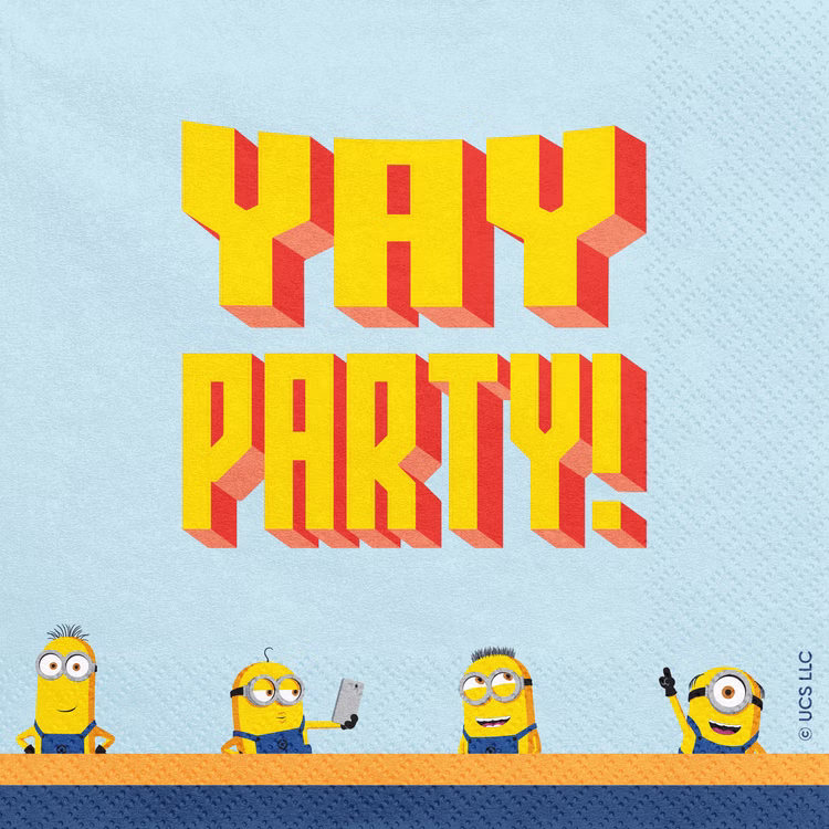 Minions Yay Party Serviette Hellblaue Minions Papierserviette mit gelb-rotem Yay-Party-Schriftzug und vier Minions am unteren Rand.