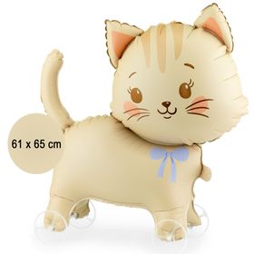 Katze Folienballon Kitty 61 x 65 cm auf Rädern, niedliches Tiermotiv mit Schleife, Party-Deko Luftballon Kindergeburtstag.
