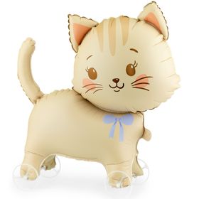 Katze Folienballon Kitty 61 x 65 cm auf Rädern, niedliches Tiermotiv mit Schleife, Party-Deko Luftballon Kindergeburtstag.