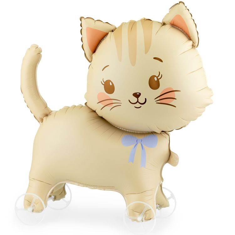 Katze Folienballon Kitty 61 x 65 cm auf Rädern, niedliches Tiermotiv mit Schleife, Party-Deko Luftballon Kindergeburtstag.
