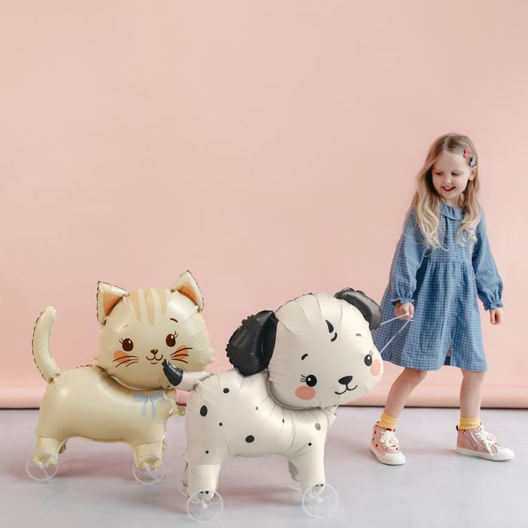 Katze Folienballon Kitty 61 x 65 cm auf Rädern, niedliches Tiermotiv mit Schleife, Party-Deko Luftballon Kindergeburtstag.