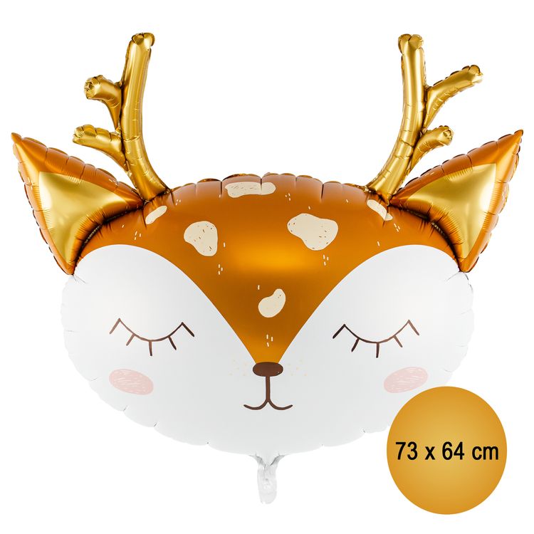 Reh Folienballon Feli das Rehkitz 73 x 64 cm, niedlicher Tierballon mit goldenen Details für Party-Deko.