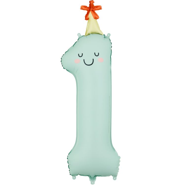 Gelber Folienballon in Form der Zahl 0 mit Sternenmuster, Gesicht und Partyhut vor hellem Hintergrund.