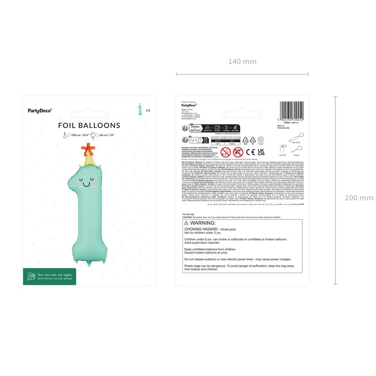 Gelber Folienballon in Form der Zahl 0 mit Sternenmuster, Gesicht und Partyhut vor hellem Hintergrund.