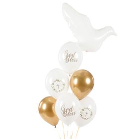 Sechs elegante Kommunion-Luftballons in Weiß und Gold mit „God Bless“-Schriftzug sowie Kreuz- und Kranzmotiven.