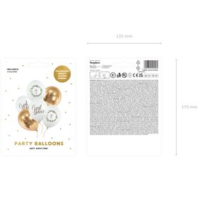 Sechs elegante Kommunion-Luftballons in Weiß und Gold mit „God Bless“-Schriftzug sowie Kreuz- und Kranzmotiven.
