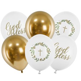 Sechs elegante Kommunion-Luftballons in Weiß und Gold mit „God Bless“-Schriftzug sowie Kreuz- und Kranzmotiven.