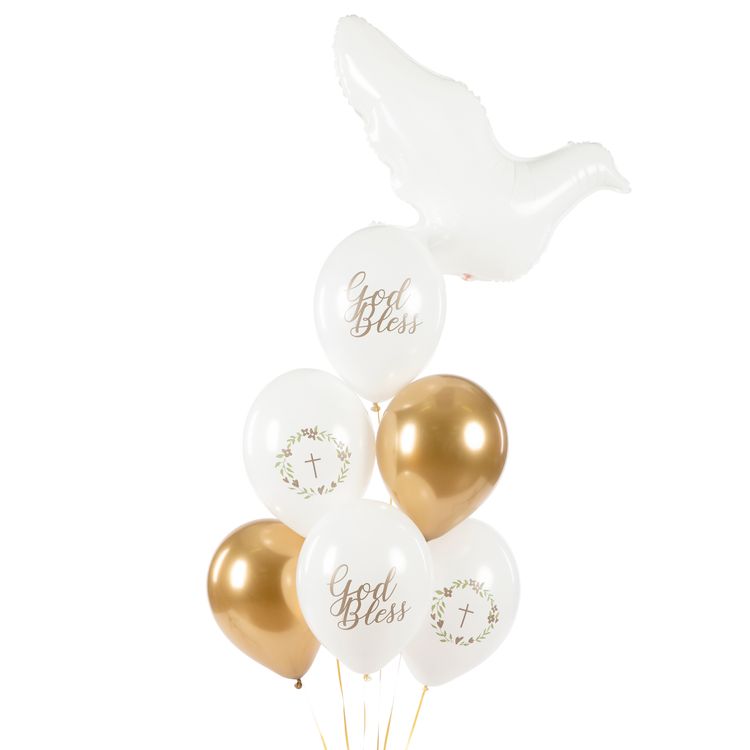 Sechs elegante Kommunion-Luftballons in Weiß und Gold mit „God Bless“-Schriftzug sowie Kreuz- und Kranzmotiven.
