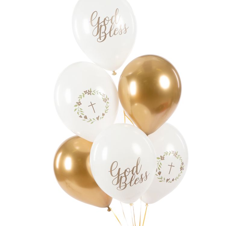 Sechs elegante Kommunion-Luftballons in Weiß und Gold mit „God Bless“-Schriftzug sowie Kreuz- und Kranzmotiven.