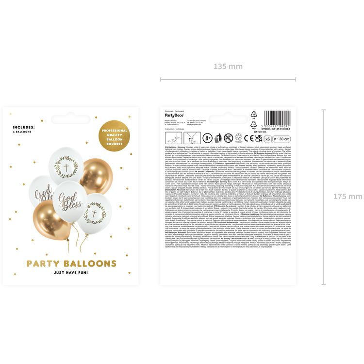 Sechs elegante Kommunion-Luftballons in Weiß und Gold mit „God Bless“-Schriftzug sowie Kreuz- und Kranzmotiven.